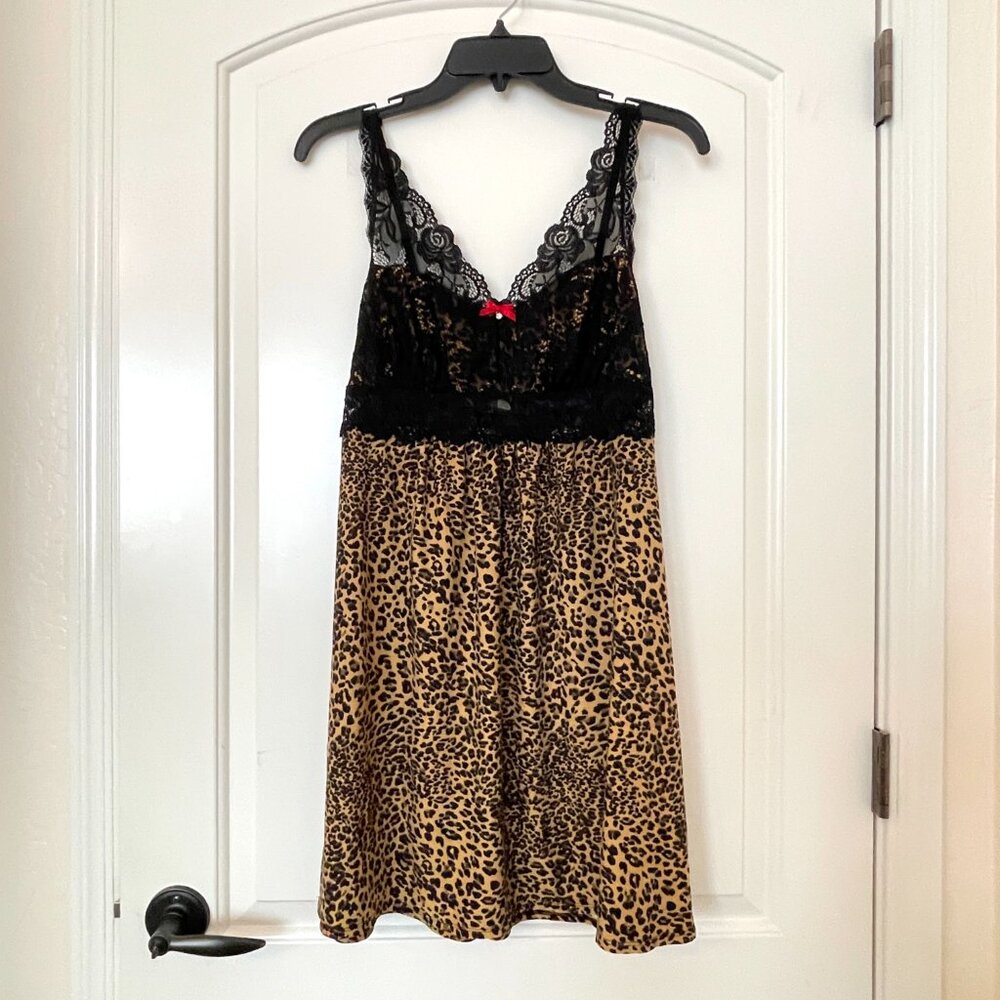 Soma Chemise Nightie Slip Animal Leopard Print Black Lace Red Bow Medium